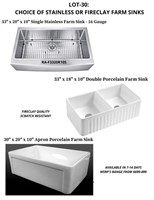 Farm Sinks - Stainless or Porcelain (Your Choice)