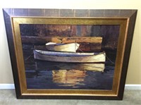 LARGE OIL PAINTING, SIGNED ROWEN, BOATS AT