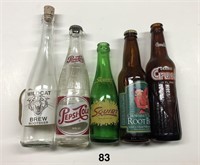 5 old glass soda bottles incl. ORANGE CRUSH; SQUIR
