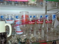 Group of Budweiser glasses, shot glasses & other