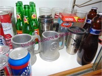 Group of Budweiser glasses, bottles, cans & other