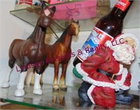 2 small horse statues & Budweiser Santa