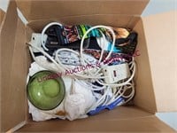 Box of misc: pwr strips, doilies, & other SEE PICS