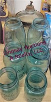 6 blue glass jars & other