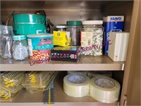 4 groups of items on shelves in cabinet --