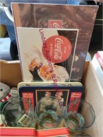2 boxes Coca-cola items - banks, glasses, signs, -