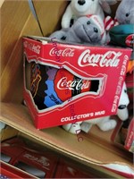 2 boxes Coca-cola items - banks, glasses, signs, -