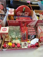 2 boxes Coca-cola items - glasses, sign, ornaments