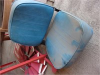 2 WOODEN CHAIRS, DAMAGED, BLUE SEAT