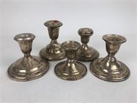 Lot of 5 Vtg Weighted Sterling Silver Candlesticks