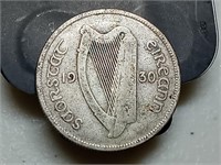 OF)  Low mintage 1930 Ireland silver 2 Florin