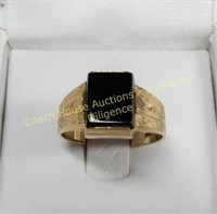 10K Yellow gold ring with black stone, Bague en or