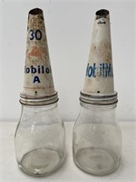 2 x MOBIL Tin Tops on 1 Pint Oil Bottles