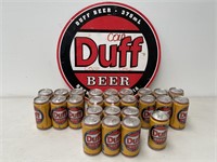Assorted DUFF Beer Cans & Cardboard Sign -