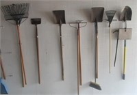Collection of Shovels, Rakes, Broom, Etc.