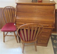 Roll Top Wood Desk Includes (2) Chairs. Measures: