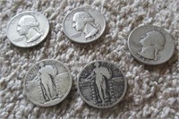 (5) US silver quarters Including (3) Washington,