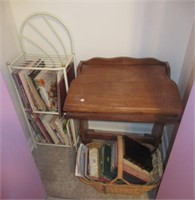 Wood child's desk, white rack, hardcover books,