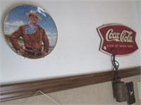 Coca-Cola key rack, cow bell, John Wayne