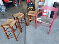 3 older stools and chair - twine seats