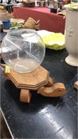 WOODEN TURTLE W/ GLASS FISH BOWL