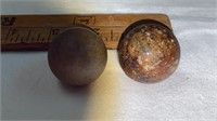 2 Vintage clay marbles 1 3/8" & 1 1/4" shooters