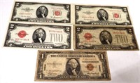 (4) $2.00 Red Notes & (1) Hawaii $1.00 Note