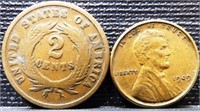 1864 2-Cent Peace & 1909 VBD Penny