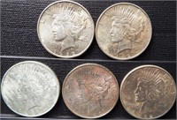 (5) 1922 Peace Silver Dollar Coins