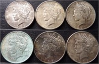 (6) 1923 Peace Silver Dollar Coins