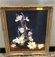 OIL ON CANVAS IRIS/DAISIES IN VINTAGE WOODEN FRAME