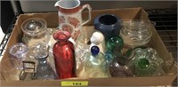 ASSORTED DECORATIVE GLASS: STOPPERS, BOTTLES