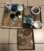 GROUP: DRESSER BOXES, GLASS LIDS, CANDLE HOLDERS