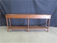 OAK SOFA TABLE FITTED W/ 2 DRAWERS & CANDE BASE