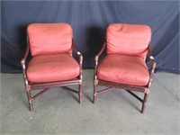 PAIR RATTAN FRAMED ARMCHAIRS W/ UPHOLSTERED SEATS