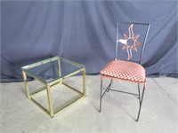 WROUGHT IRON CHAIR & BRASS & GLASS END TABLE