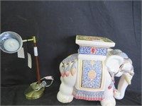 PORCELAIN ELEPHANT PLANT STAND & NEW BRASS LAMP