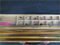VINTAGE WOODEN POLE FISHING ROD W/ ACCESSORIES