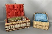 Two Vintage Woven Sewing Basket & Sewing Notions