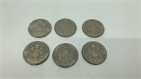 6 Canadian 50 Cent Coins 1969,1970,1971,1974 & 198