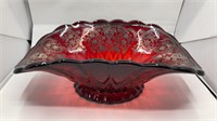 Vintage Red Glass Bowl, Gold Regency Design 12" Lo