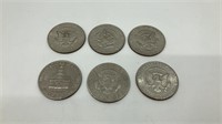 6 United States Kennedy Half Dollars 1972,1973,197