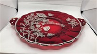 Sterling Etched Floral On Ruby Handled Tray 13" Ha