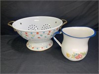 Vintage Painted Enamel Strainer and Pitcher