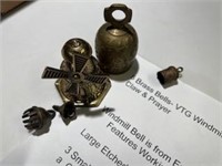 5 Brass Bells- Vtg Windmill, Indian, Claw & Prayer
