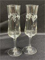 2 etched glass Champagne Flutes