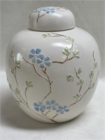 Ginger Jar with lid- White w/ Blue Cherry
