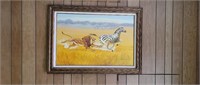 Signed Lion Chasing Zebra Oil on Canvas