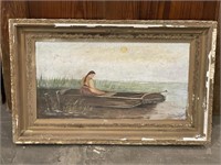 BEAUTIFUL ANTIQUE PAINTING SIGNED! LADY IN BOAT