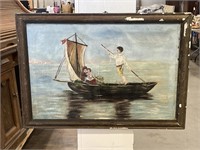 AWESOME ANTIQUE PAINTING FAMILY IN BOAT 34x24